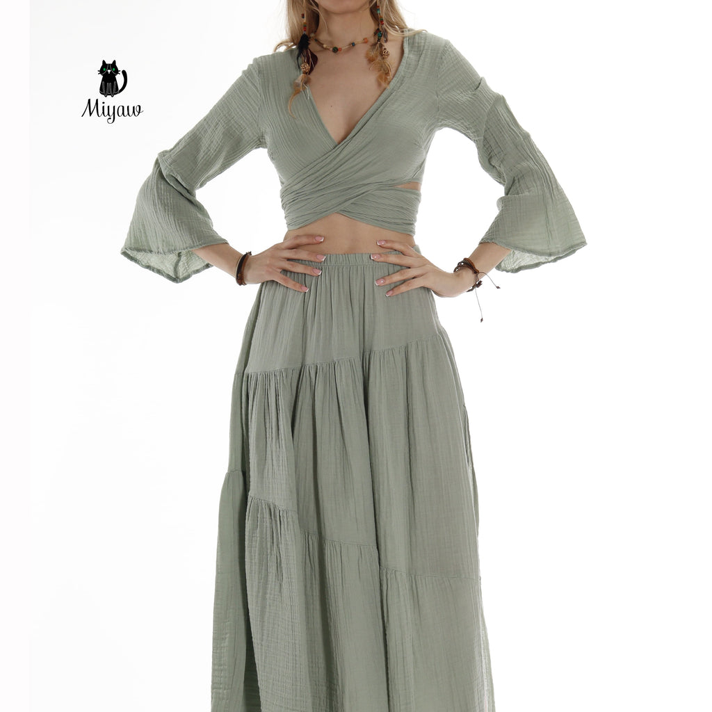 Boho Green Summer Cotton Tie Top - Resort Wear Essential - Miyawfashion