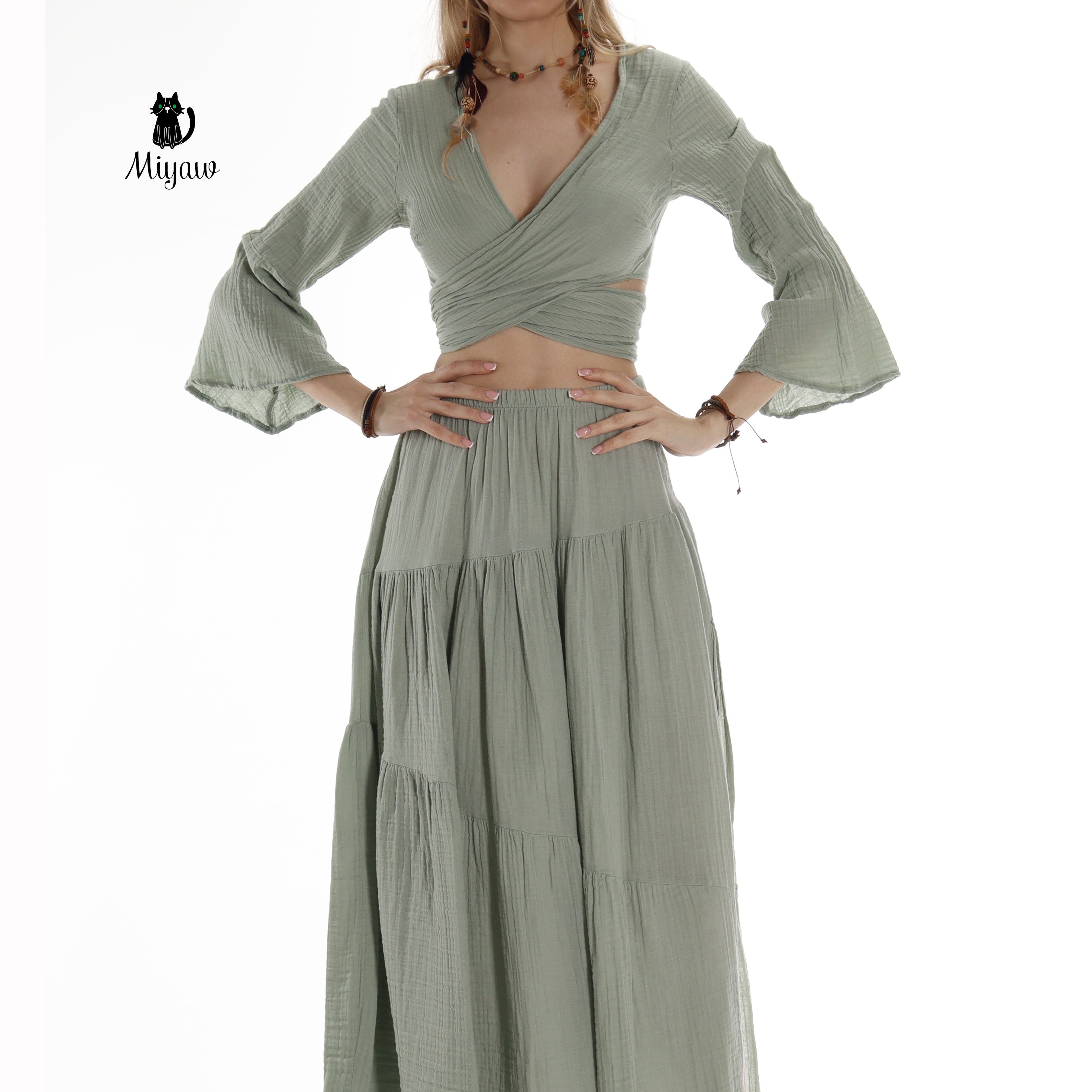 Boho Green Summer Cotton Tie Top - Resort Wear Essential - Miyawfashion