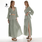 Women Green Cotton Skirt Boho Style with Side Slit - Miyawfashion