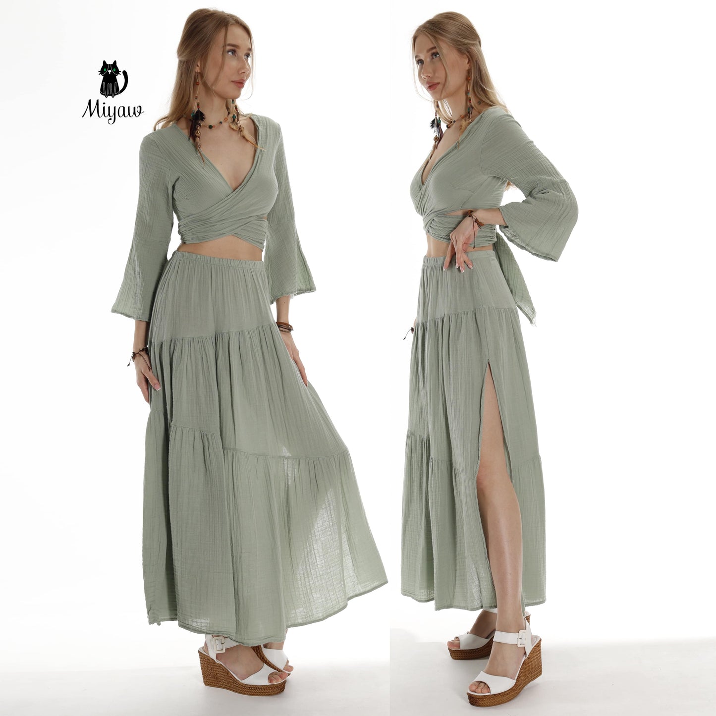 Boho Chic Green Layered Cotton Maxi Skirt with Side Slit Miyawfashion