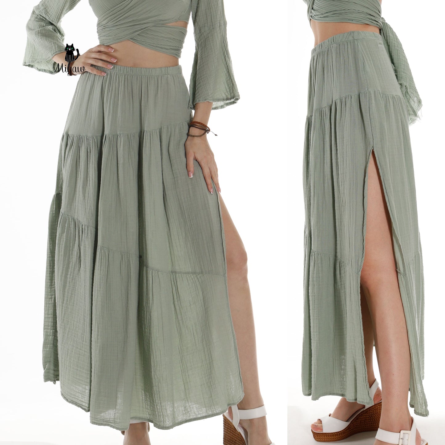 Boho Chic Green Layered Cotton Maxi Skirt with Side Slit Miyawfashion