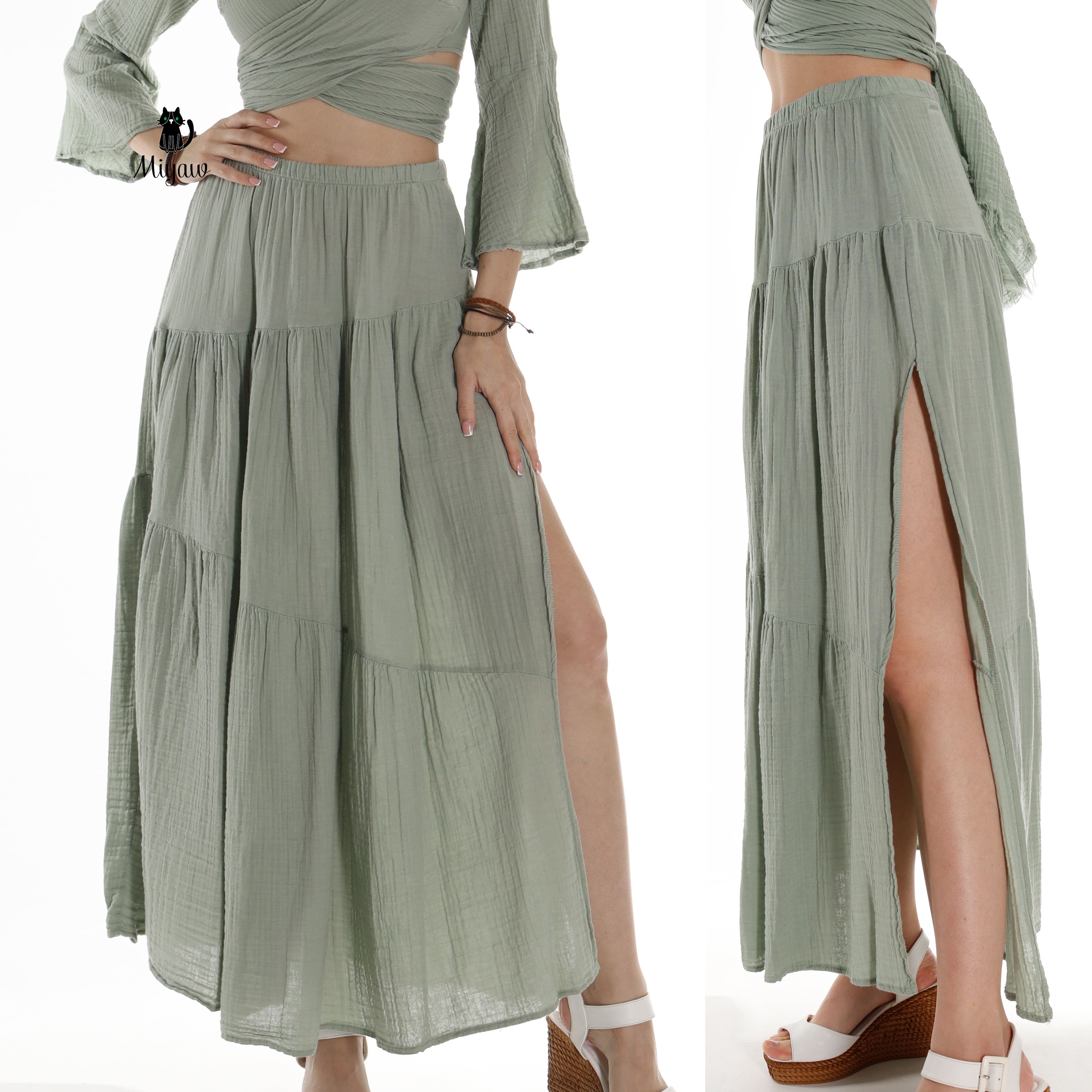 Women Green Cotton Skirt Boho Style with Side Slit - Miyawfashion
