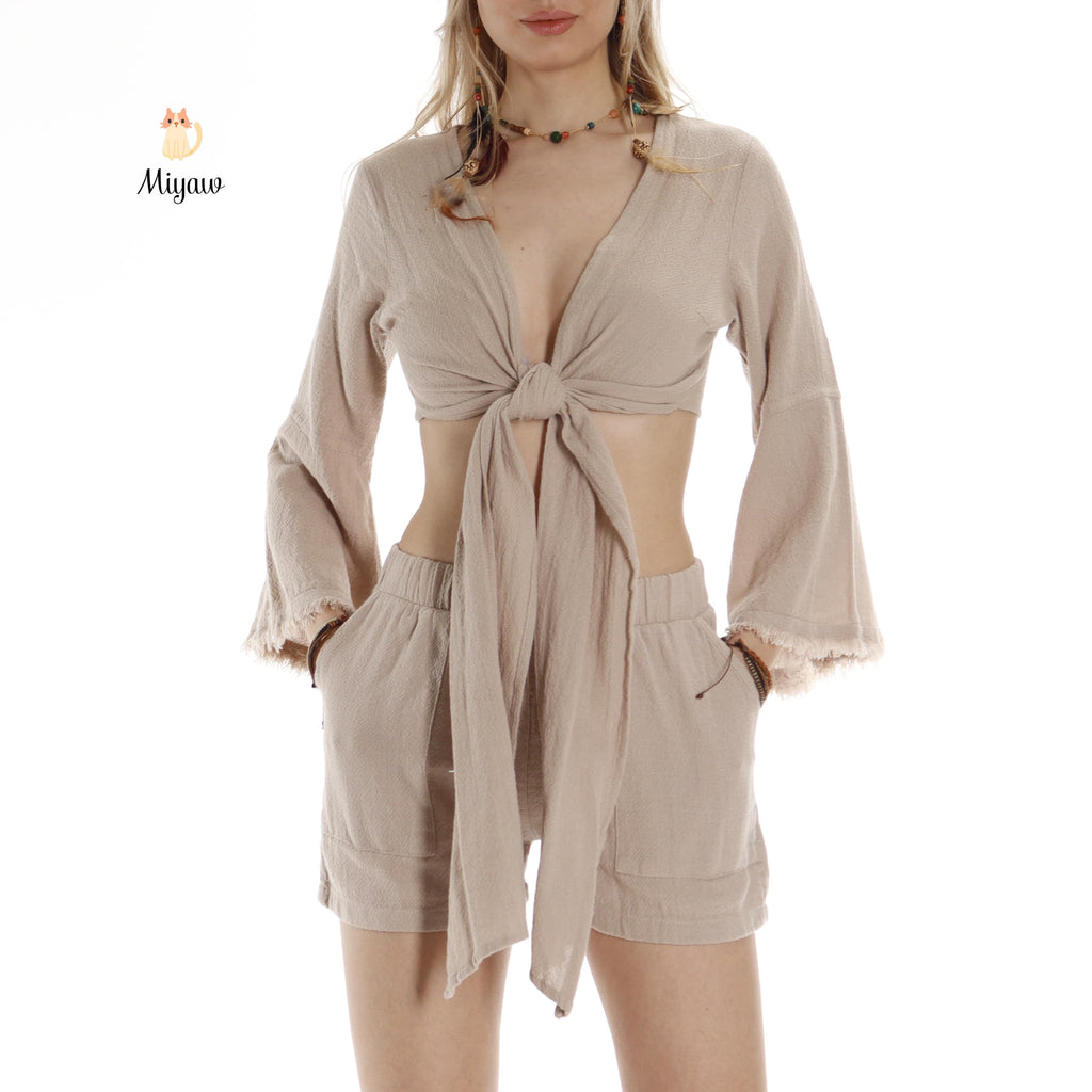 Trendy Bohemian Crop Top with Wide Sleeves and Tie Belt - Miyawfashion
