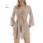 Trendy Bohemian Crop Top with Wide Sleeves and Tie Belt - Miyawfashion