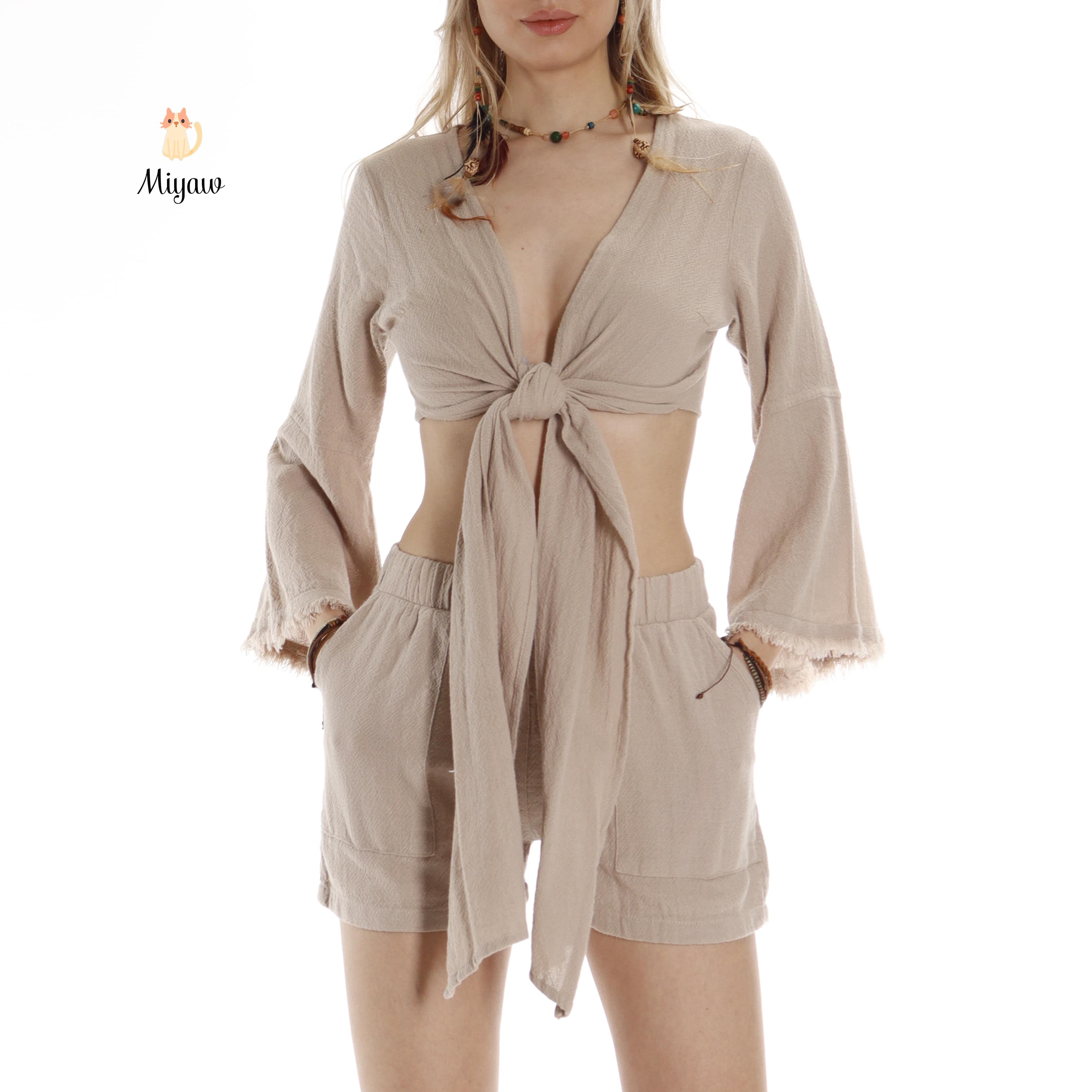 Trendy Bohemian Crop Top with Wide Sleeves and Tie Belt - Miyawfashion