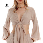 Trendy Bohemian Crop Top with Wide Sleeves and Tie Belt - Miyawfashion