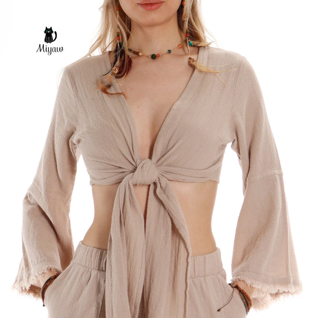 Trendy Bohemian Crop Top with Wide Sleeves and Tie Belt - Miyawfashion