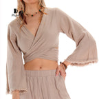Trendy Bohemian Crop Top with Wide Sleeves and Tie Belt - Miyawfashion
