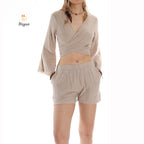 Trendy Bohemian Crop Top with Wide Sleeves and Tie Belt - Miyawfashion