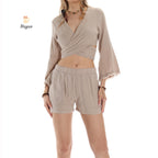 Trendy Bohemian Crop Top with Wide Sleeves and Tie Belt - Miyawfashion