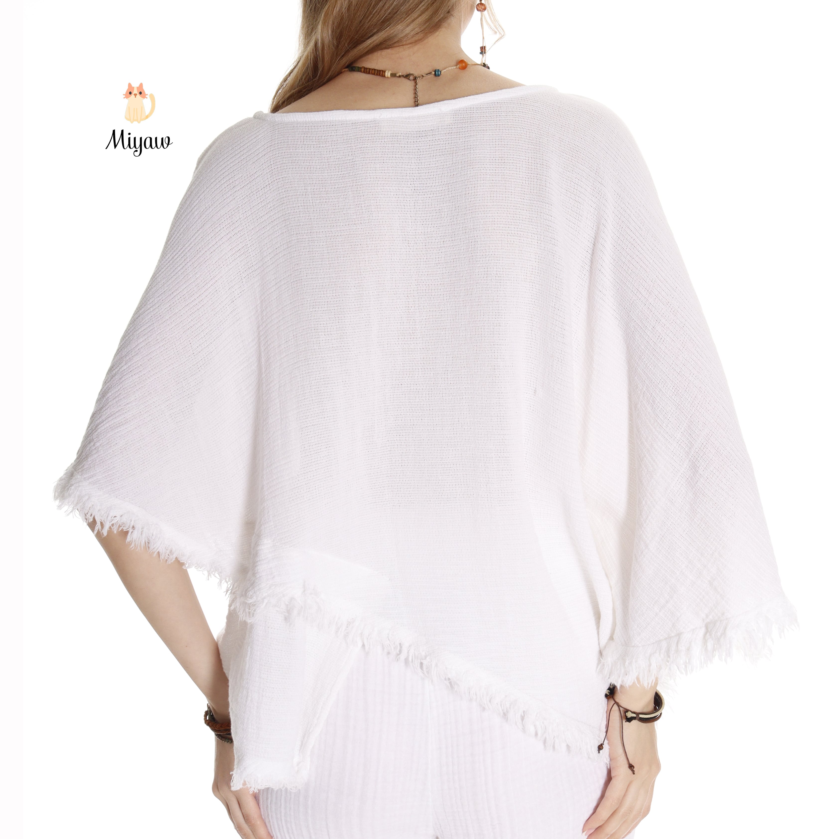 Handmade Organic Cotton Boho Top with Bat-Wing Sleeves - Miyawfashion