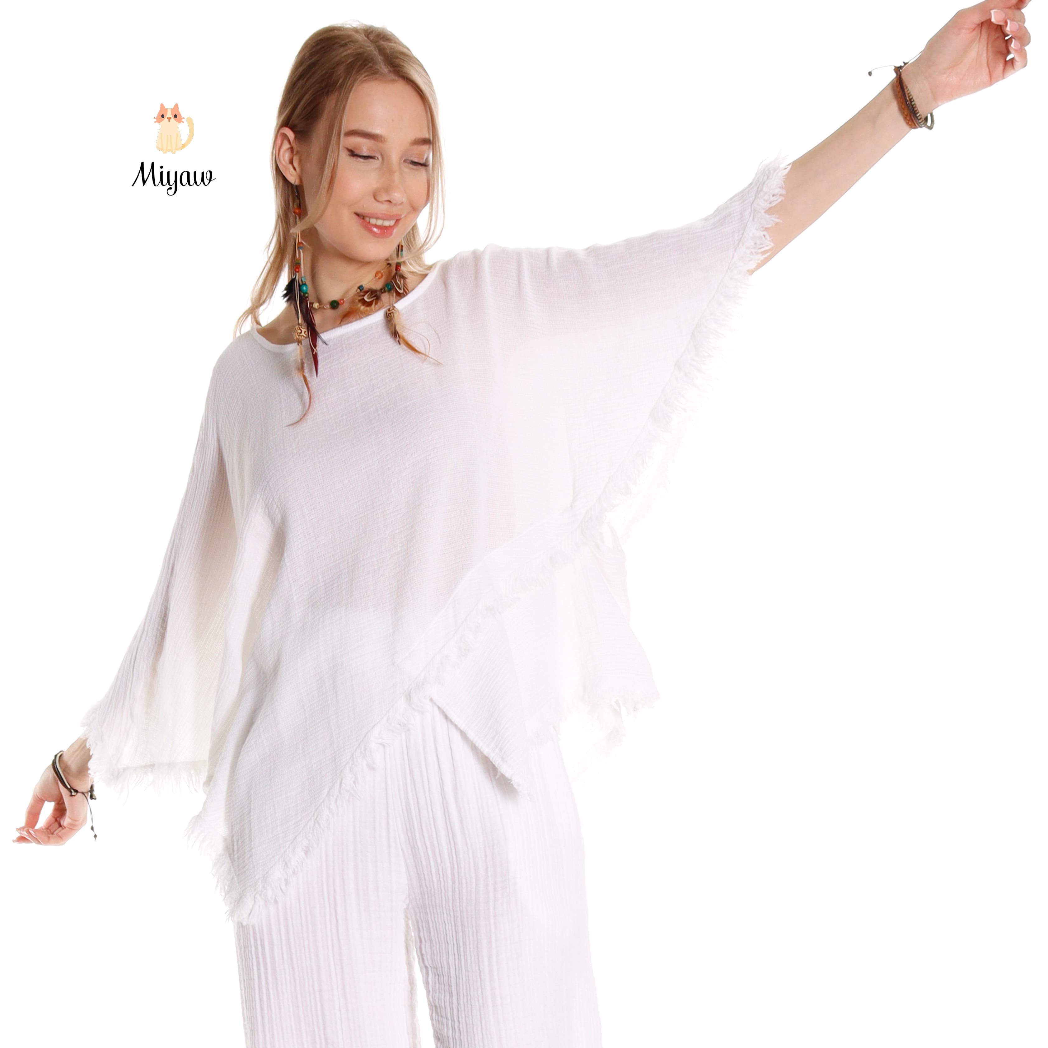 Handmade Organic Cotton Boho Top with Bat-Wing Sleeves - Miyawfashion