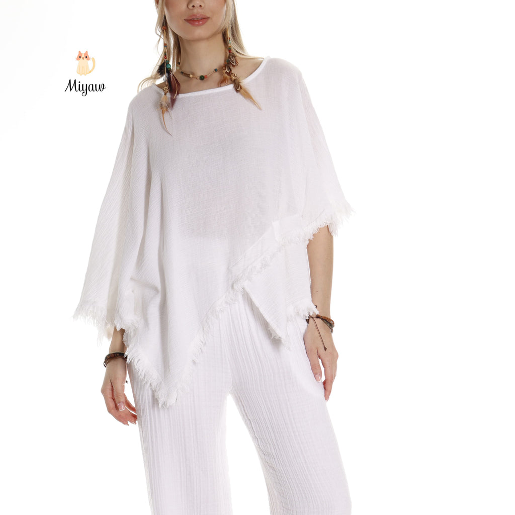 Handmade Organic Cotton Boho Top with Bat-Wing Sleeves - Miyawfashion