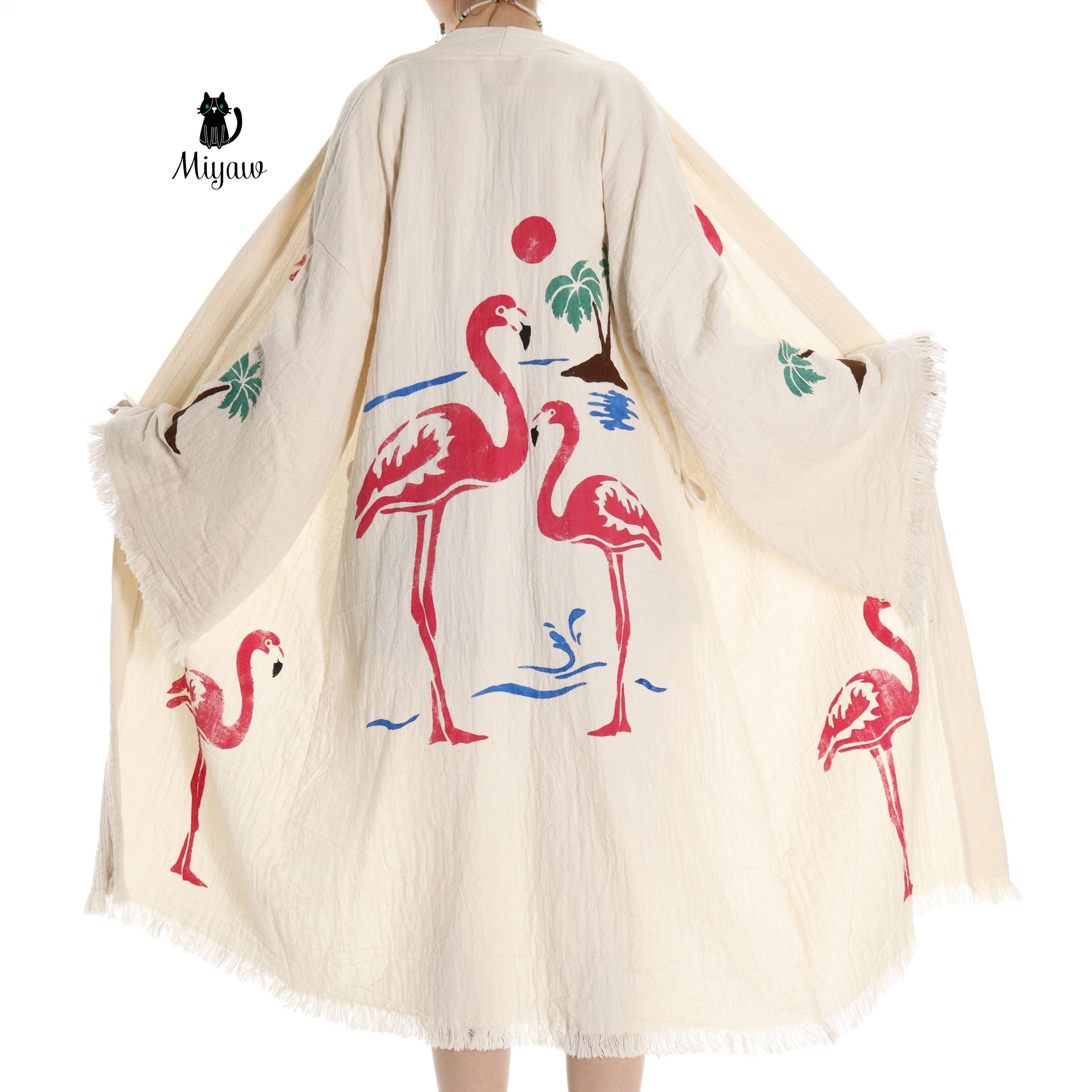 Handcrafted Organic Cotton Flamingo Print Kimono Robe - Beach Ready! - Miyawfashion