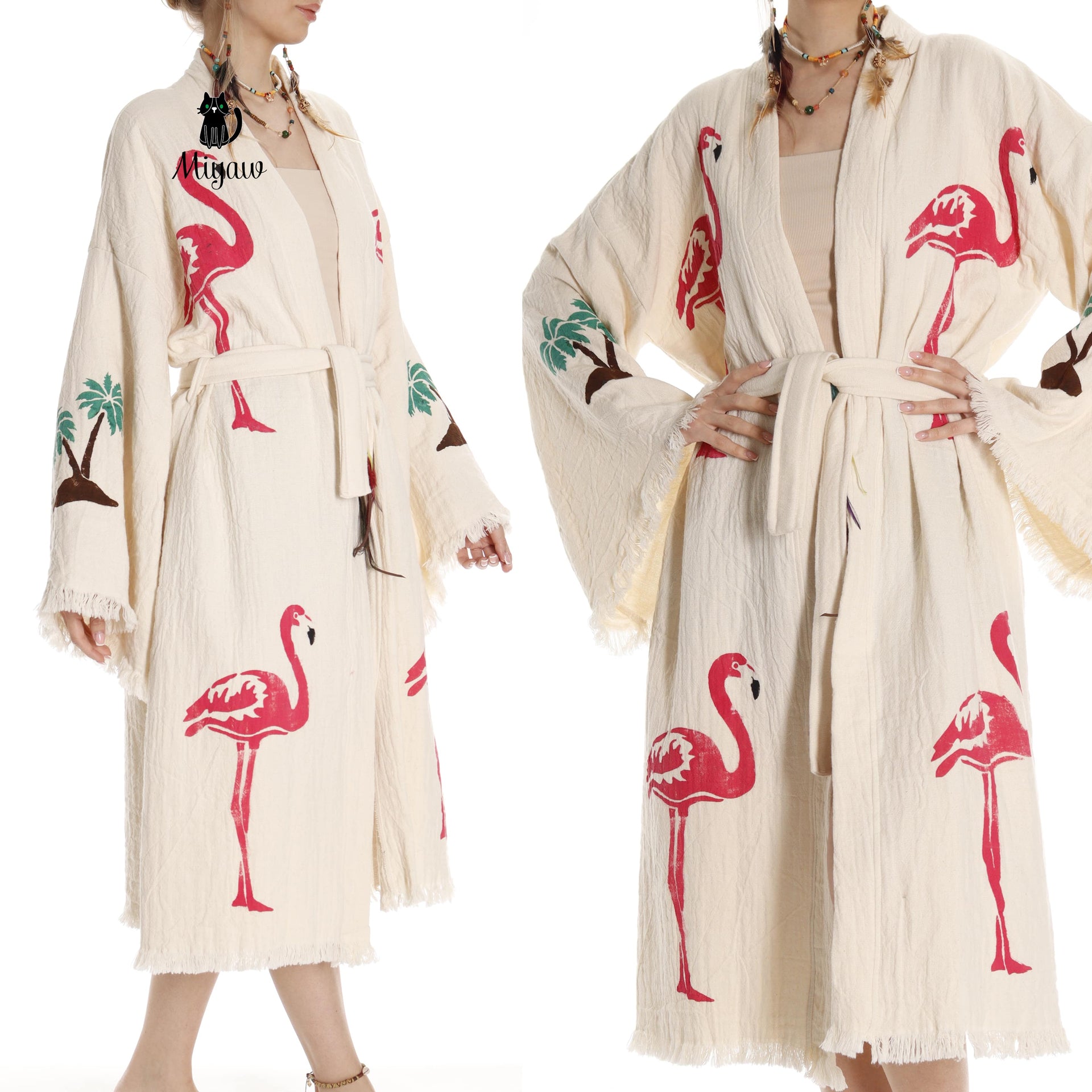 Handcrafted Organic Cotton Flamingo Print Kimono Robe - Beach Ready! - Miyawfashion