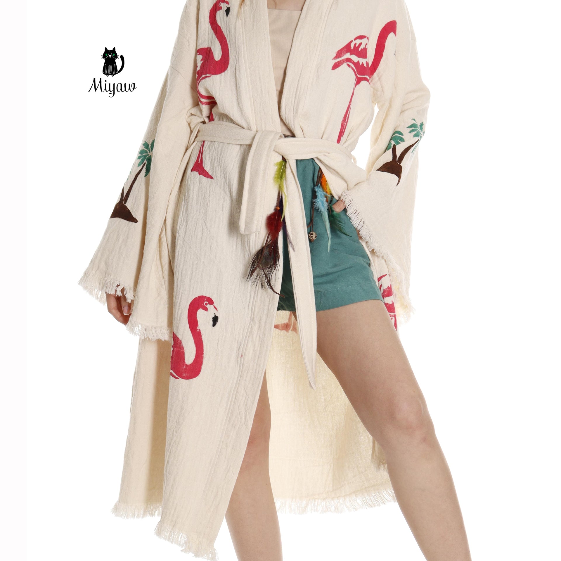 Handcrafted Organic Cotton Flamingo Print Kimono Robe - Beach Ready! - Miyawfashion