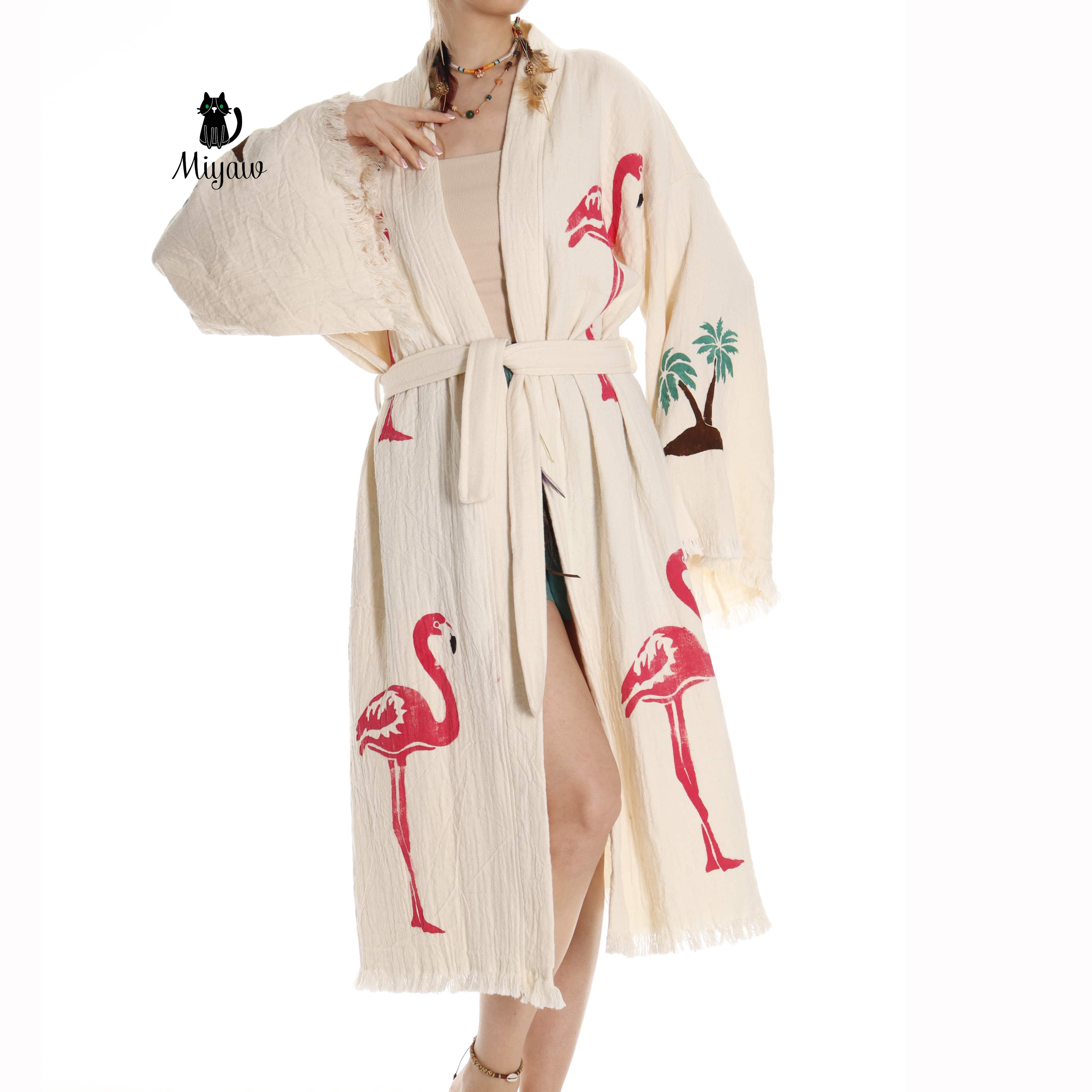 Handcrafted Organic Cotton Flamingo Print Kimono Robe