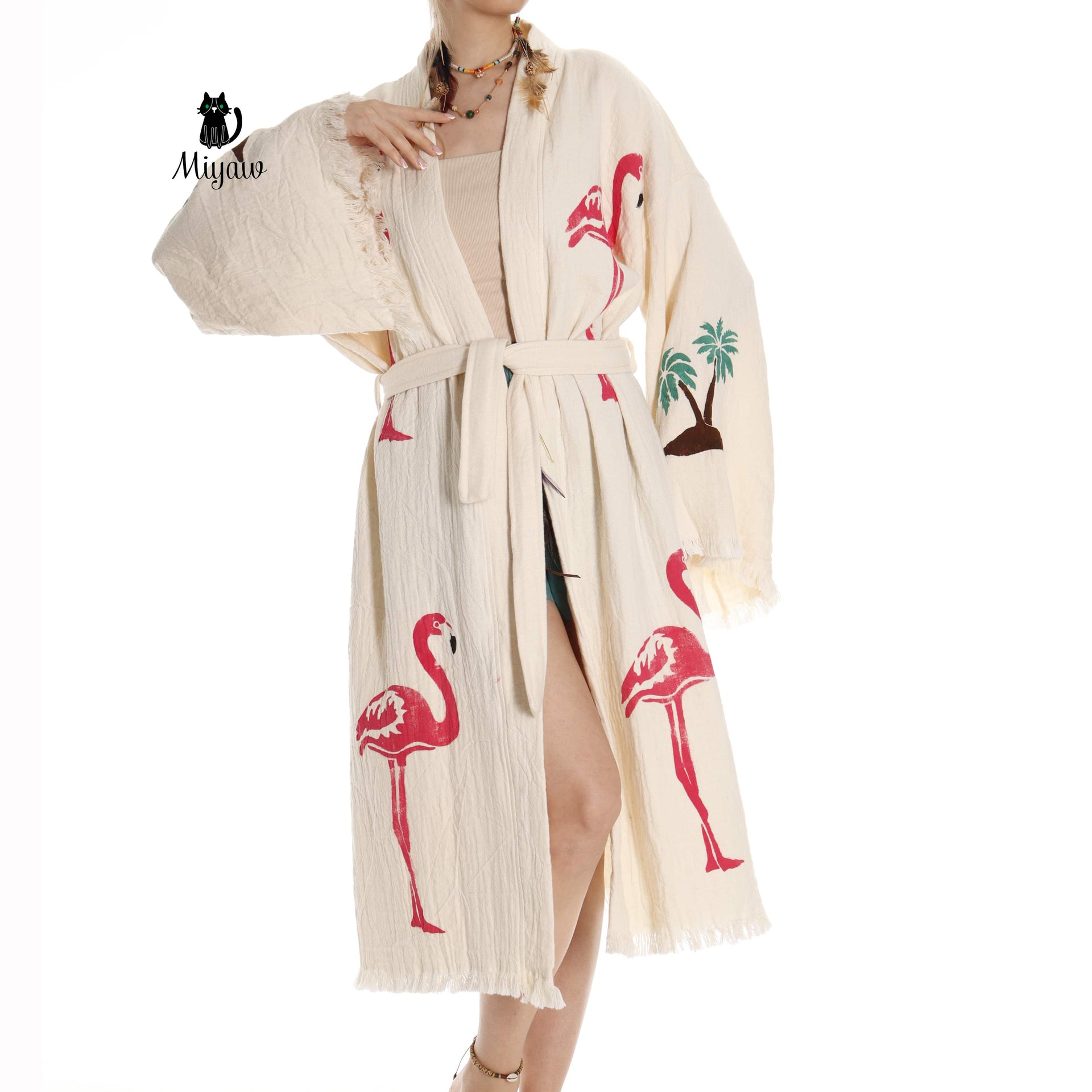 Handcrafted Organic Cotton Flamingo Print Kimono Robe - Beach Ready! - Miyawfashion