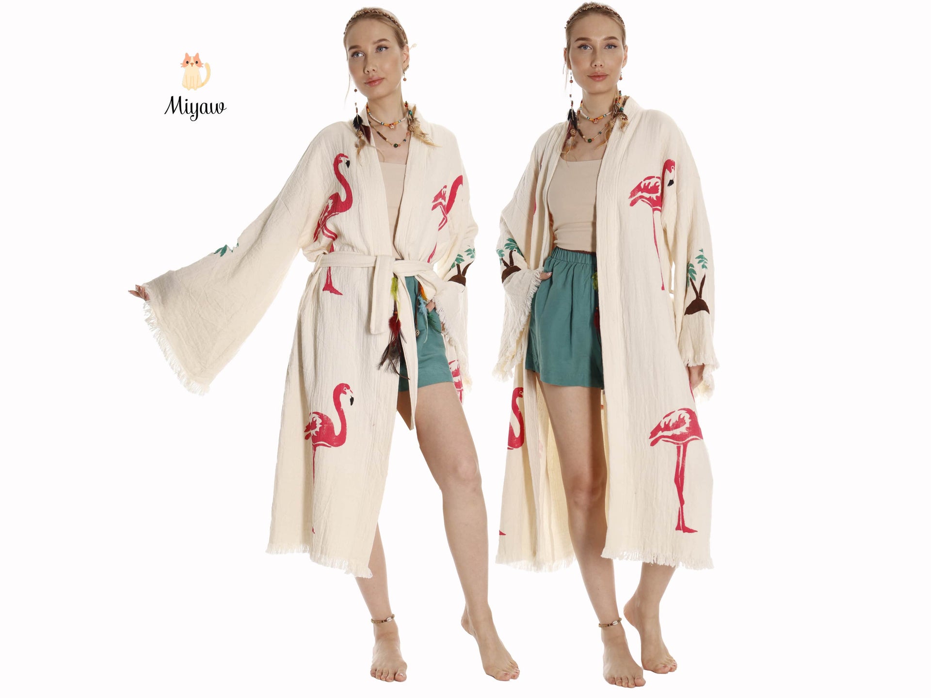 Handcrafted Organic Cotton Flamingo Print Kimono Robe - Beach Ready! - Miyawfashion