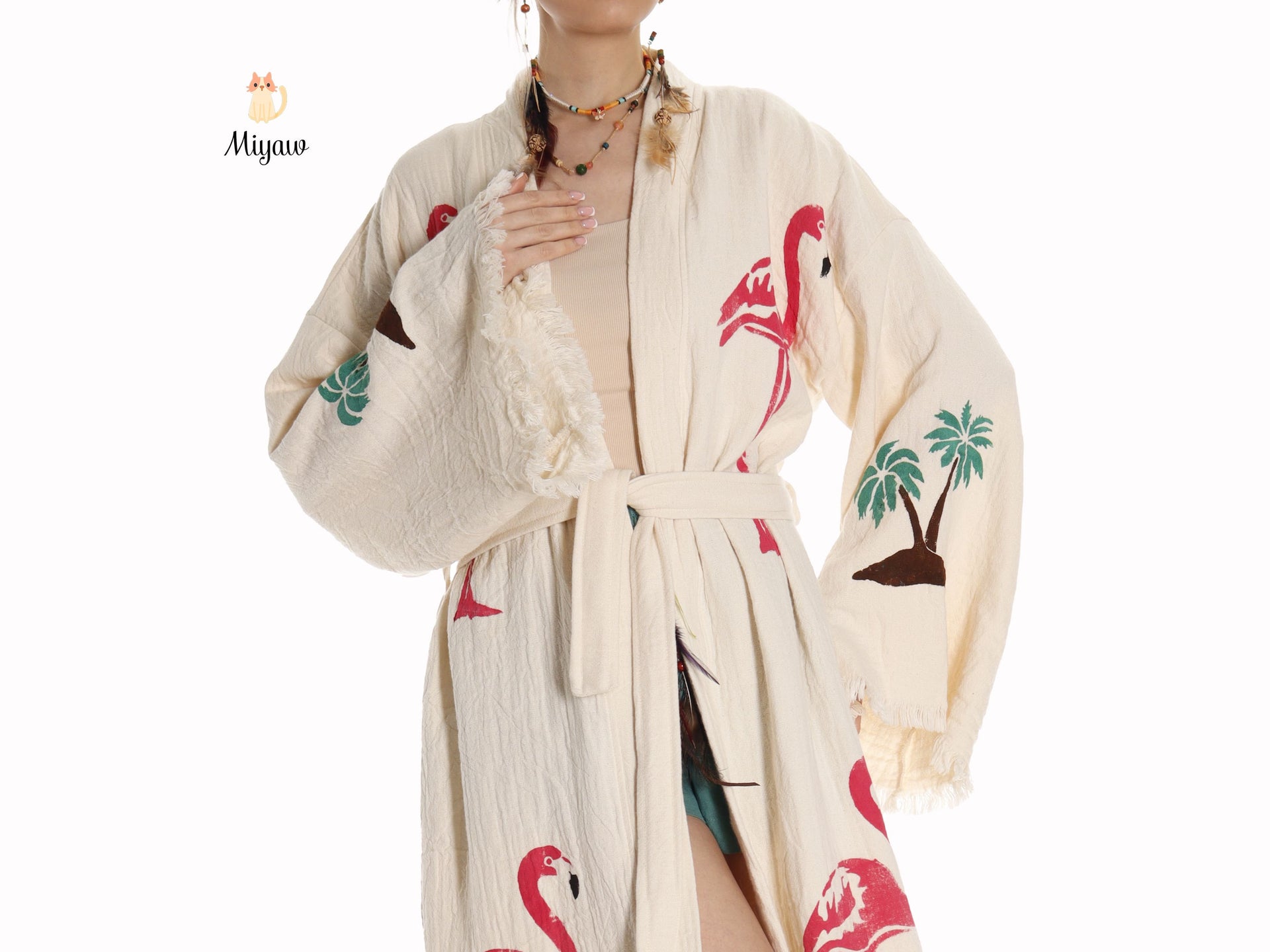 Handcrafted Organic Cotton Flamingo Print Kimono Robe - Beach Ready! - Miyawfashion