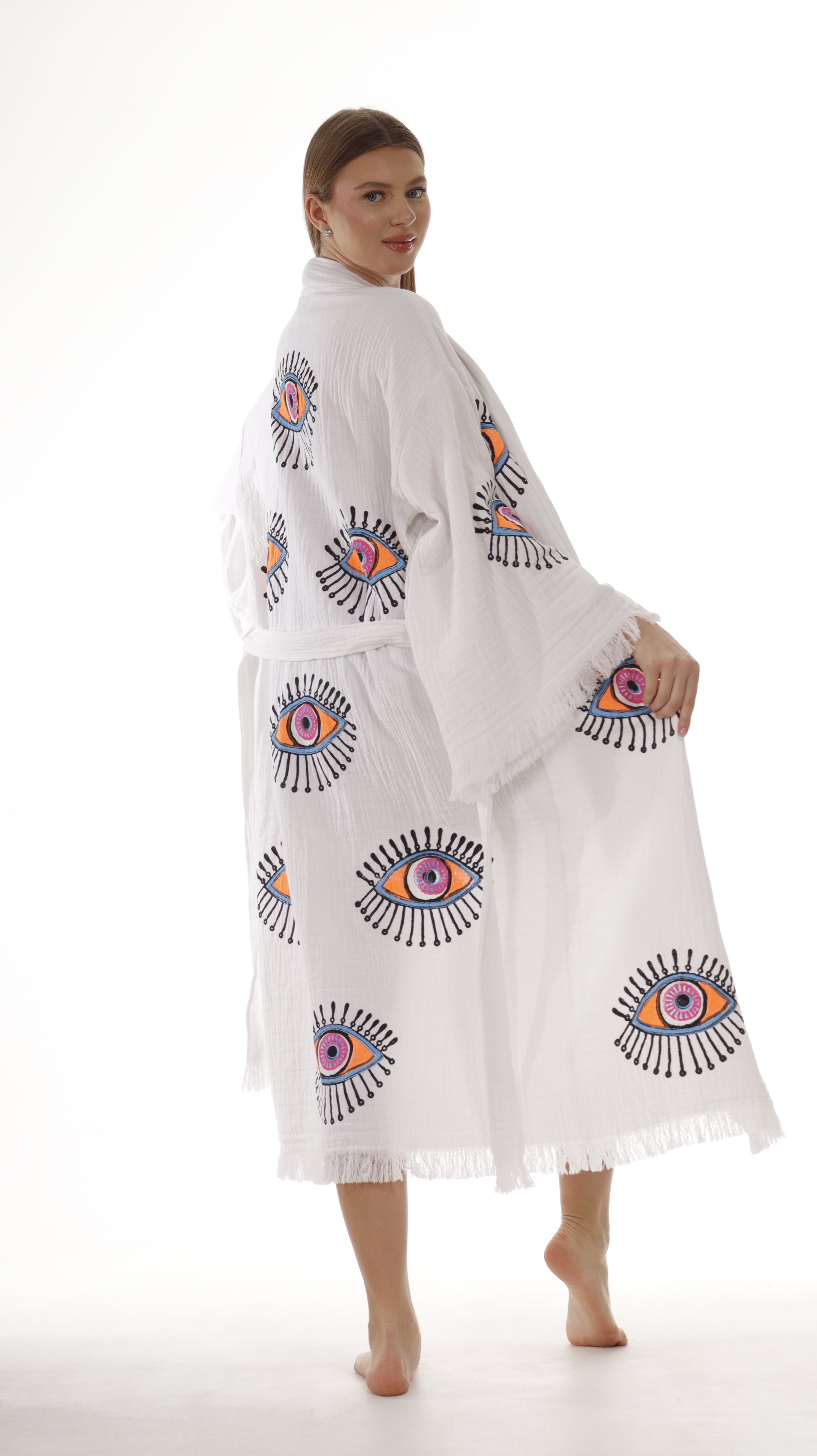 Handcrafted Eye Stamped Kimono Robe in White