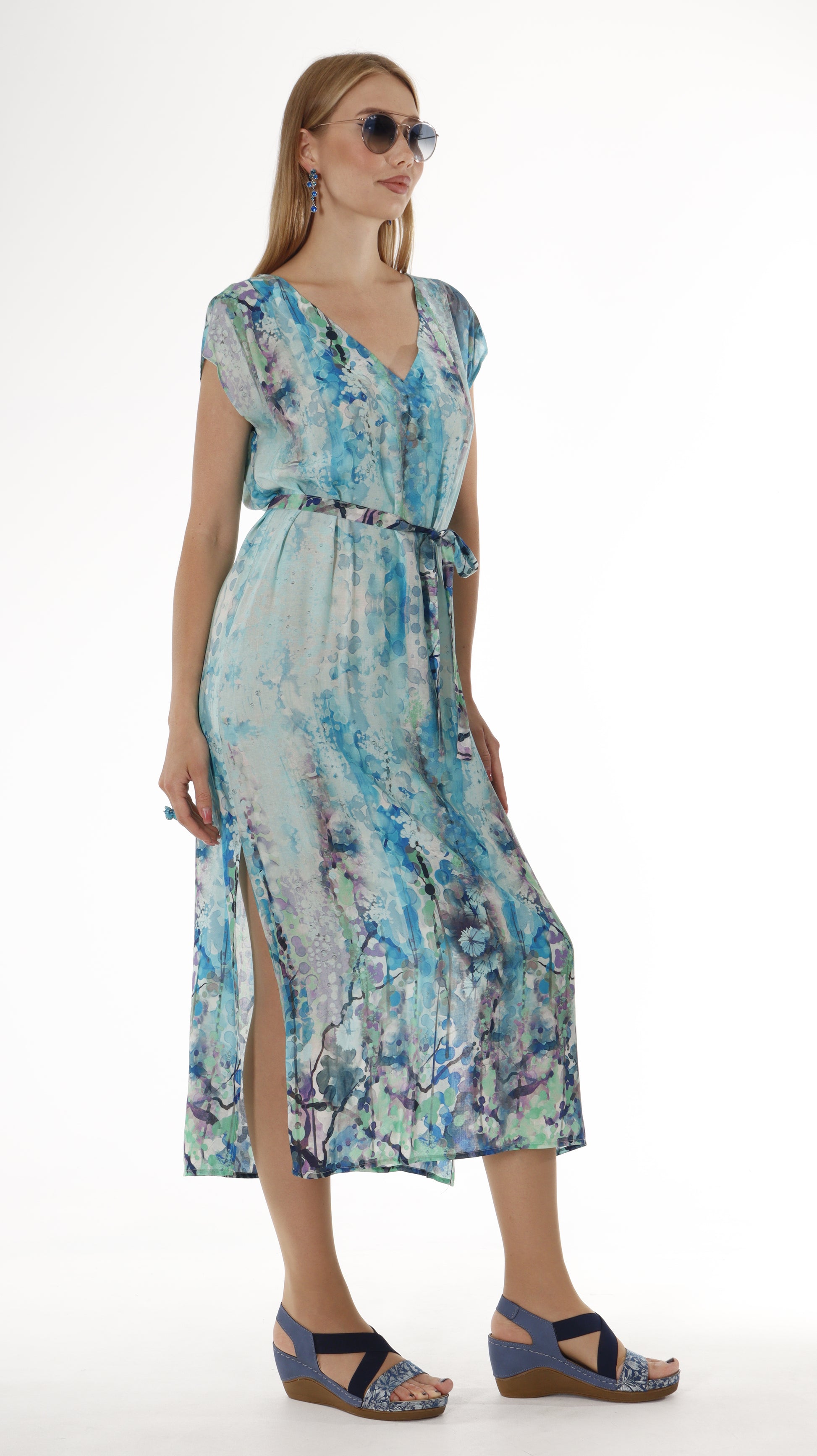 Blue Short Sleeve Maxi Dress with Belt - Abstract Print Summer Dress - Miyawfashion