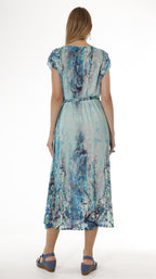 Blue Short Sleeve Maxi Dress with Belt - Abstract Print Summer Dress - Miyawfashion