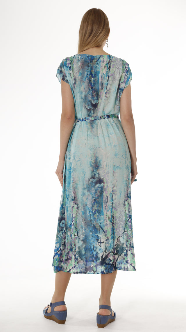 Blue Short Sleeve Maxi Dress with Belt - Abstract Print Summer Dress - Miyawfashion