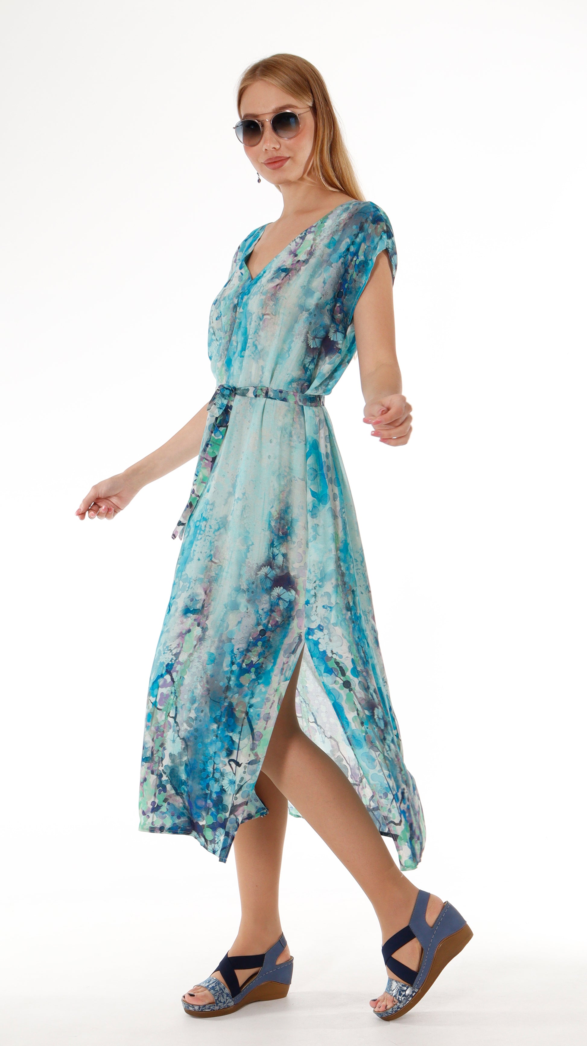 Blue Short Sleeve Maxi Dress with Belt - Abstract Print Summer Dress - Miyawfashion