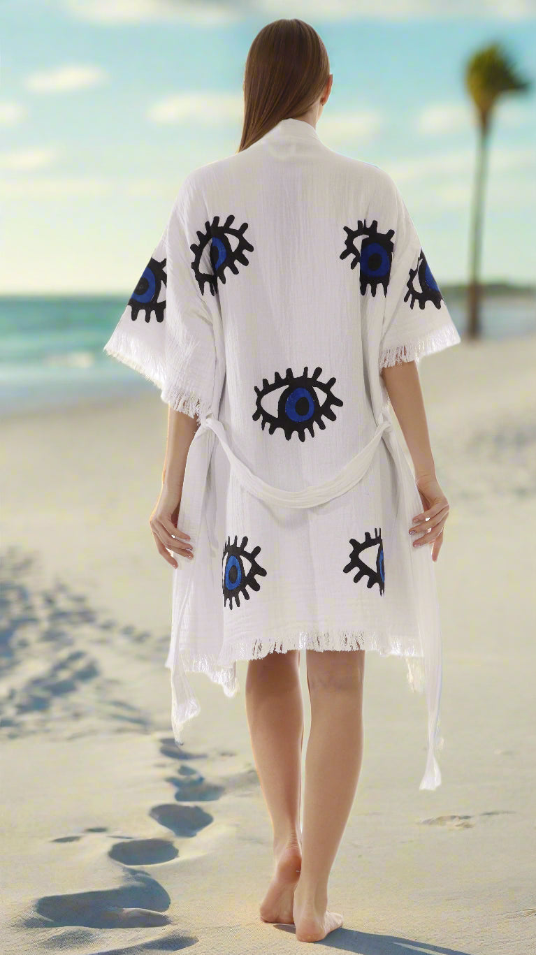 Wholesale Handmade Protective Eye print Kimono in White