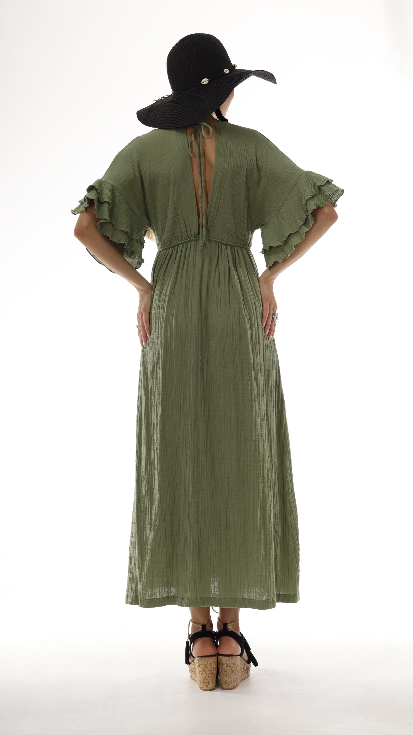 Green Boho Maxi Dress - V-Neck Organic Cotton Beach Wedding Dress - Miyawfashion Miyawfashion