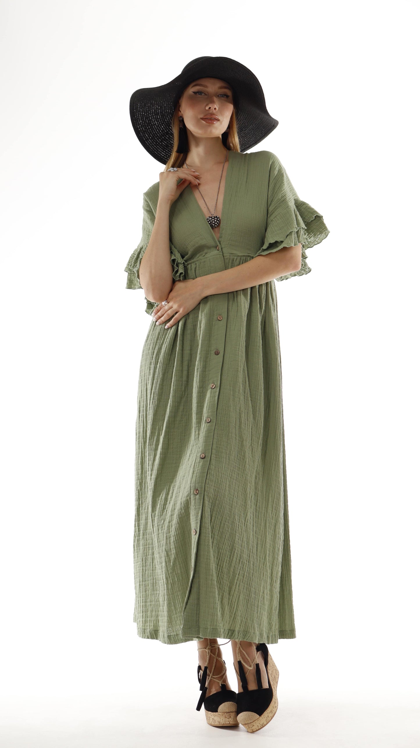 Green Boho Maxi Dress - V-Neck Organic Cotton Beach Wedding Dress - Miyawfashion Miyawfashion