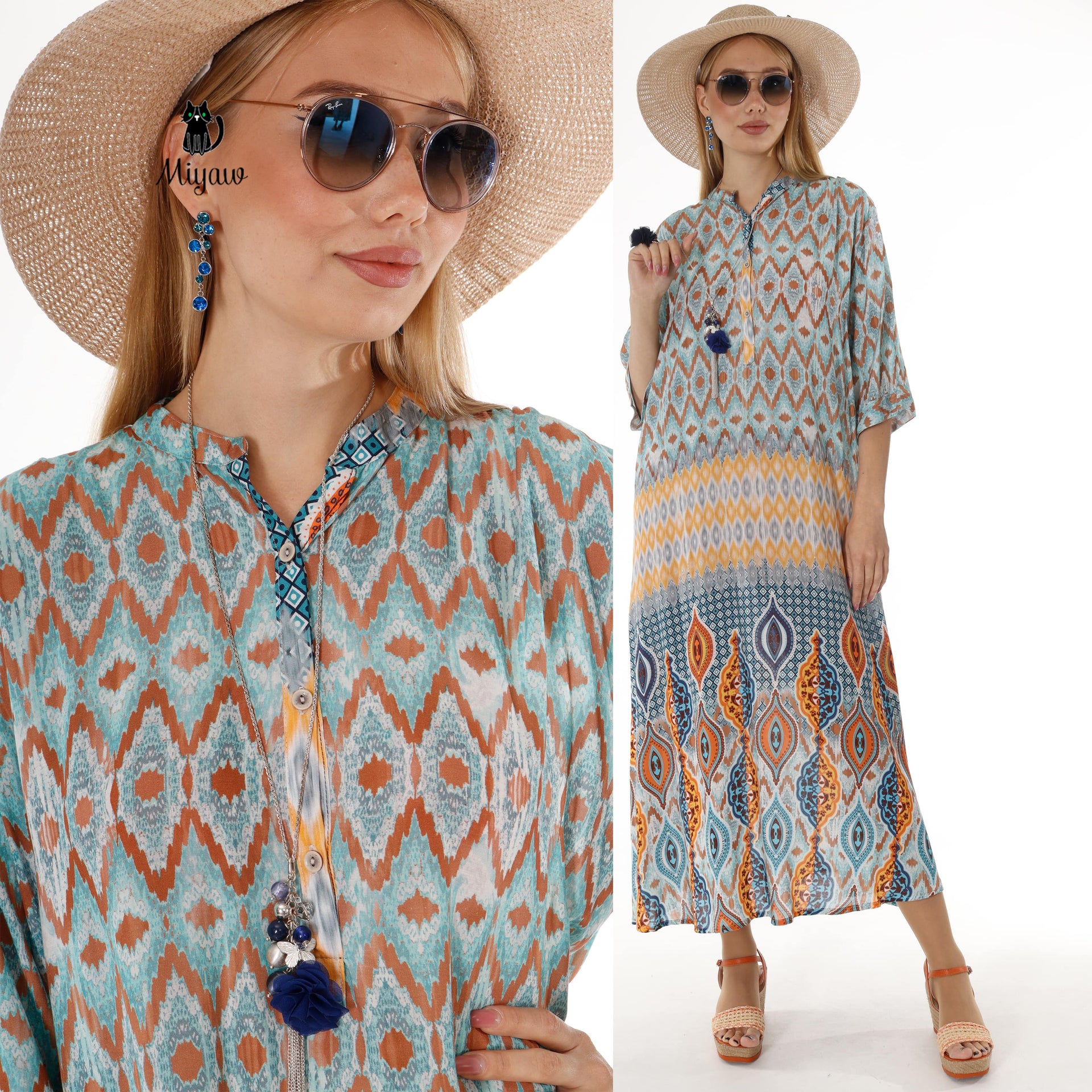 Model showcasing blue boho maxi dress with flowing batwing sleeves