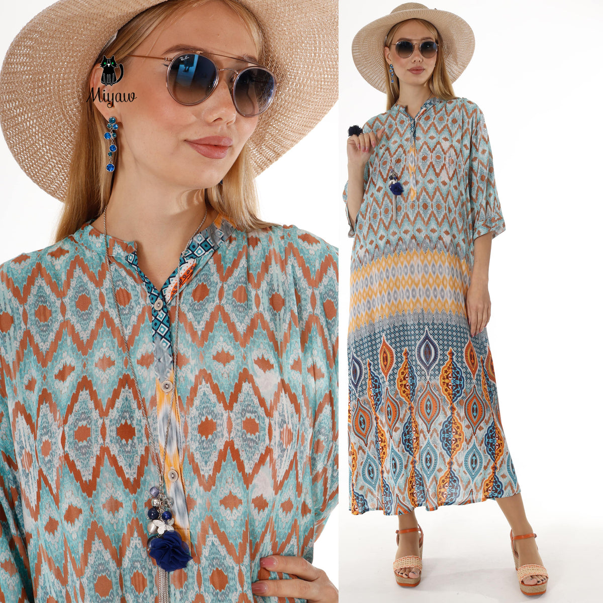 Model showcasing blue boho maxi dress with flowing batwing sleeves