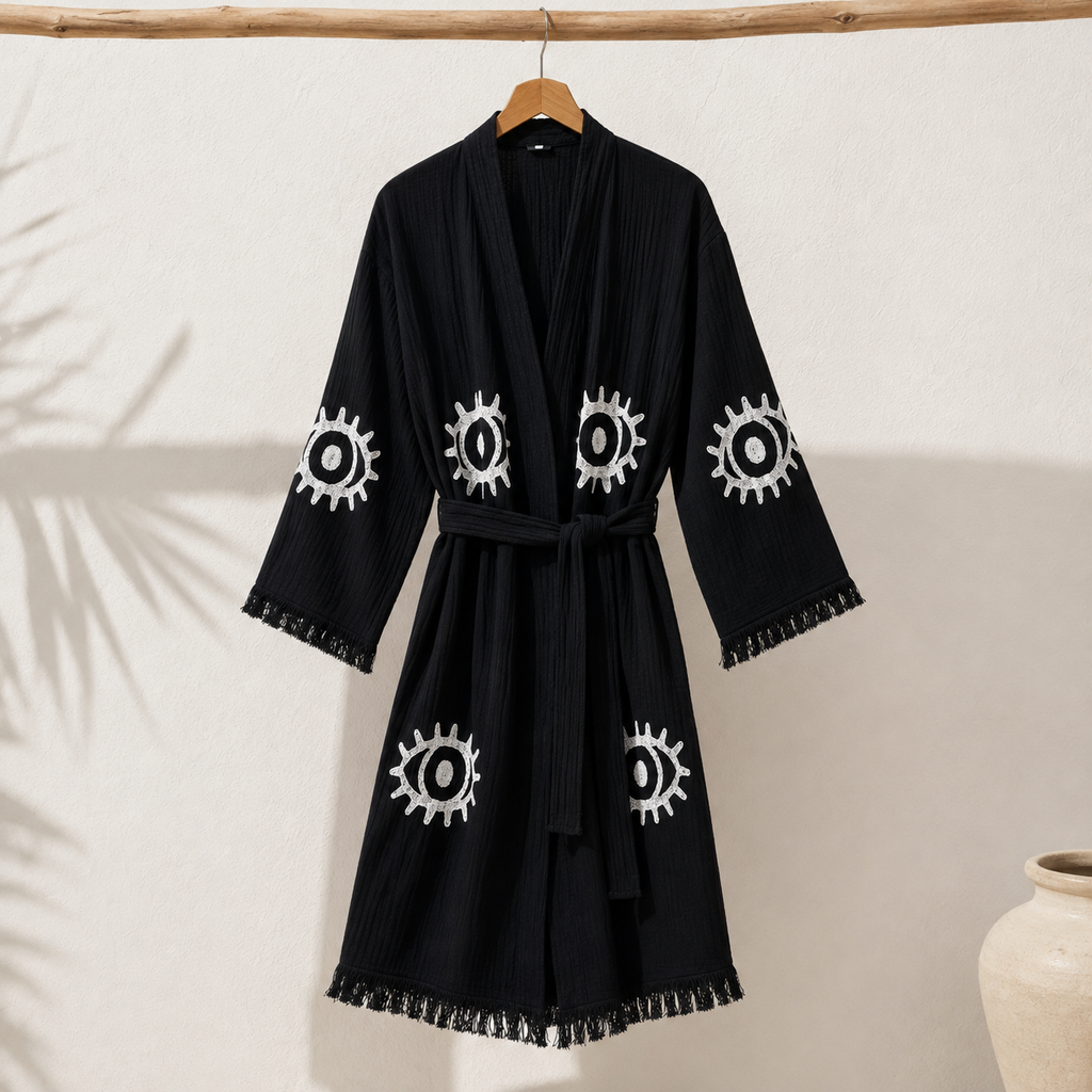 Black Evil Eye Cotton Kimono Robe | Spa & Beach