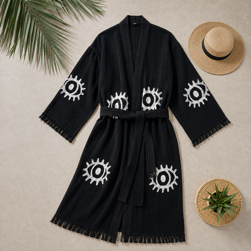 Black Evil Eye Cotton Kimono Robe | Spa & Beach
