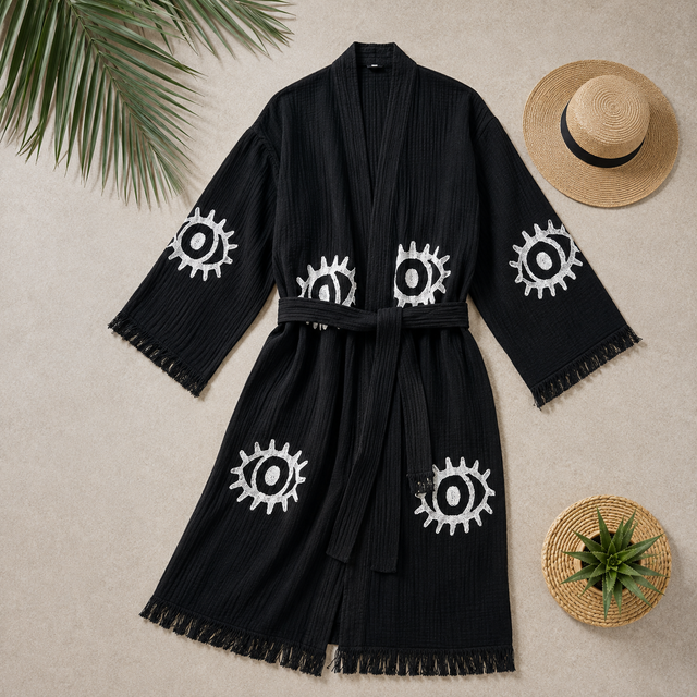 Black Evil Eye Cotton Kimono Robe | Spa & Beach