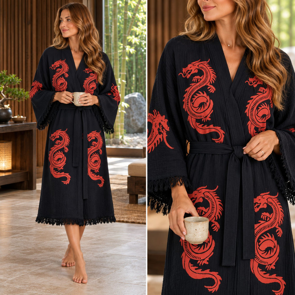 Two-panel image showing a woman holding a mug in a black dragon-print robe and a close-up of the red print, belt and sleeve fringe.