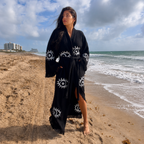Front view of a handcrafted black 100% cotton Evil Eye kimono robe for women by MIYAW Fashion.