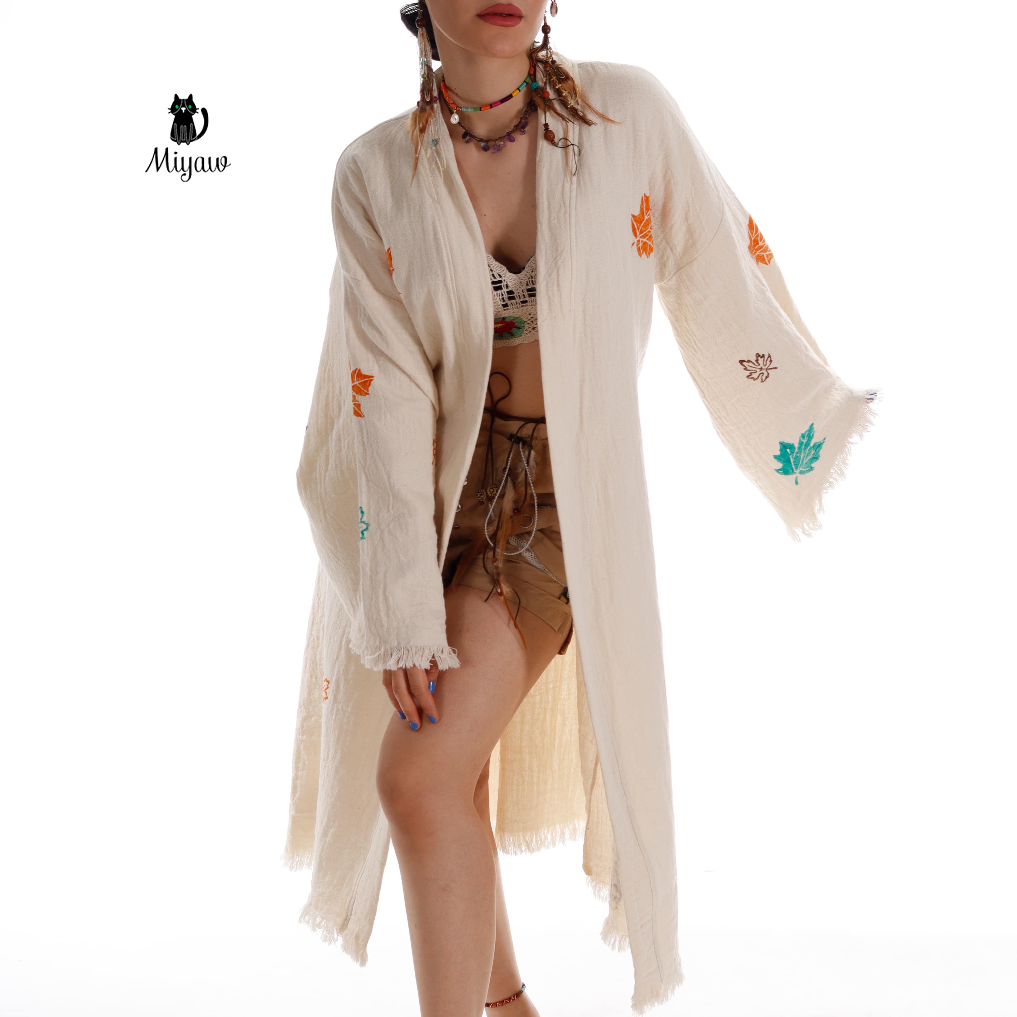 Beach Kimono Robe Boho style in Colorful Leaf Print