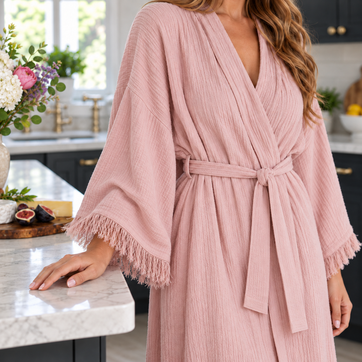 Dusty rose robe with a textured cotton fabric, worn in a kitchen setting.