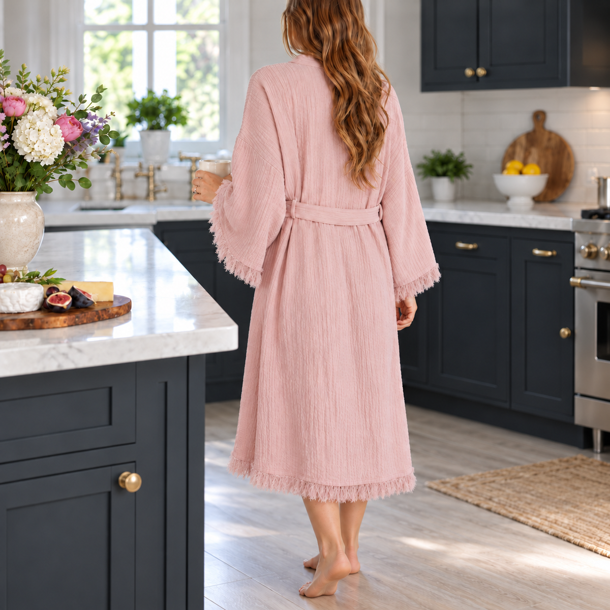 Dusty rose cotton kimono robe with dense fringe detailing, worn in a kitchen.