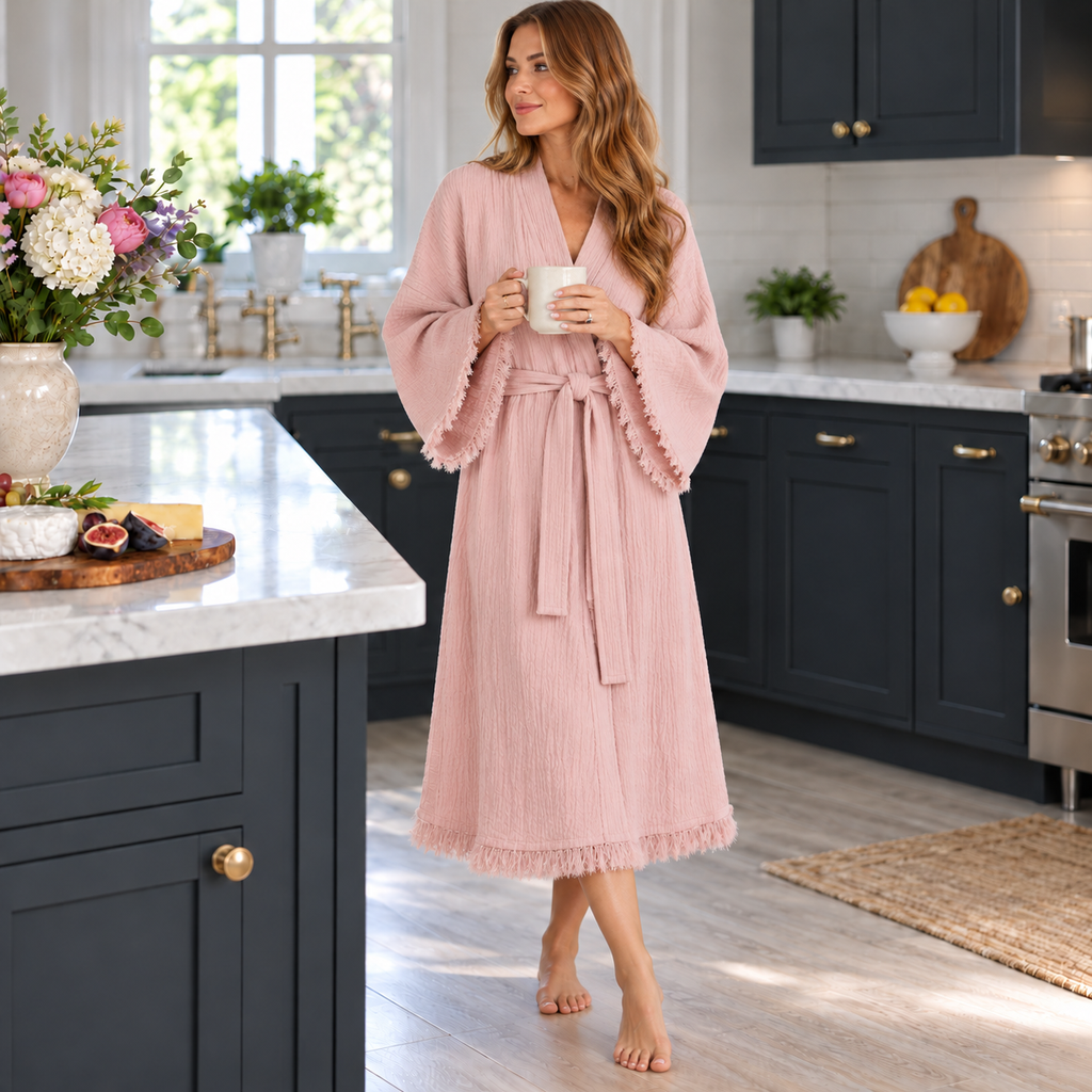 Woman wearing a soft dusty rose cotton robe with fringe during a relaxed kitchen moment.