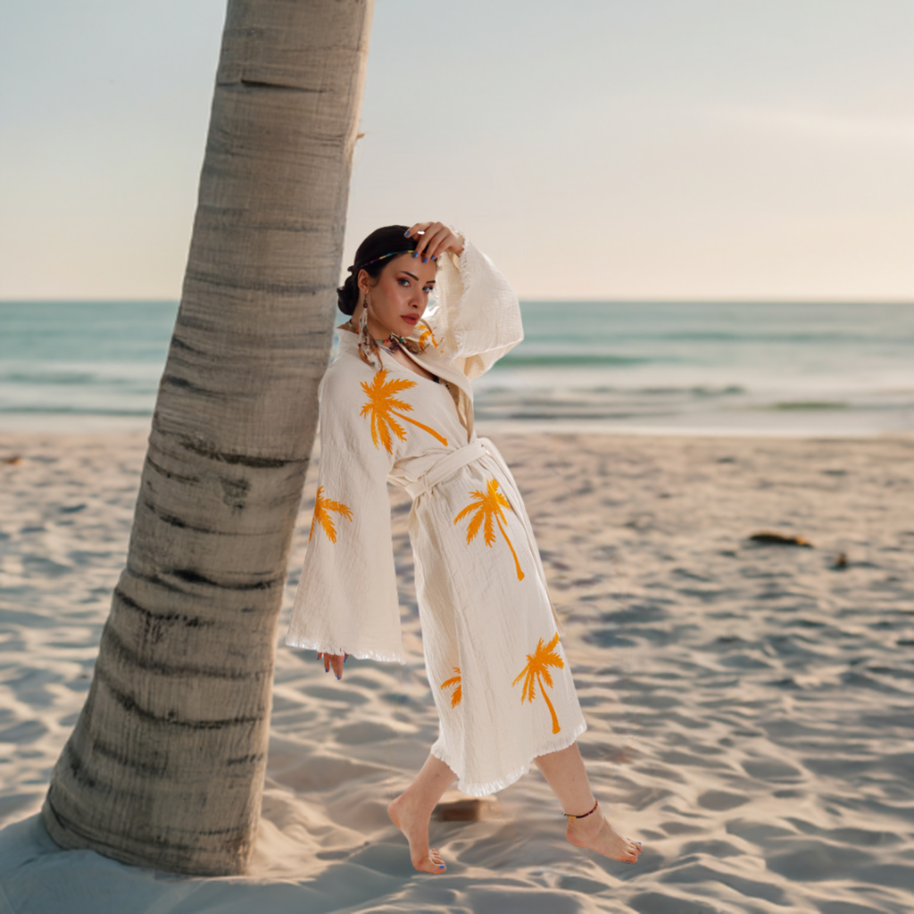 Boho Palm Tree Stamped Organic Cotton Kimono Robe - Handcrafted Beach Coverup - Miyawfashion