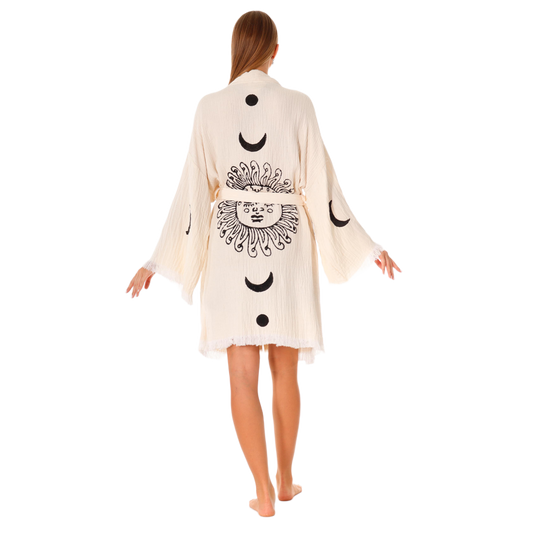 Boho Sun and Moon Kaftan - Organic Cotton Handcrafted Kimono Robe - Miyawfashion