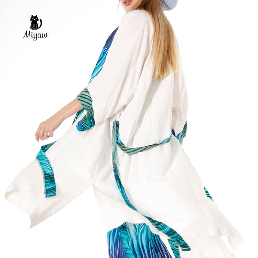 Resort Linen Cover Up, Linen Kimono Robe with blue belt Miyawfashion