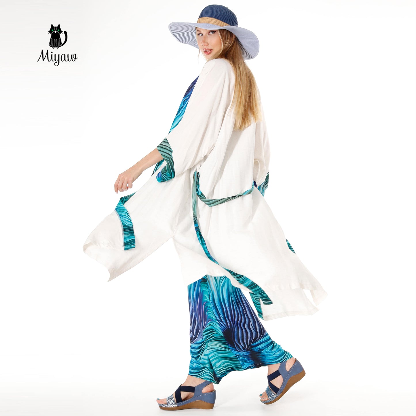 Resort Linen Cover Up, Linen Kimono Robe with blue belt Miyawfashion