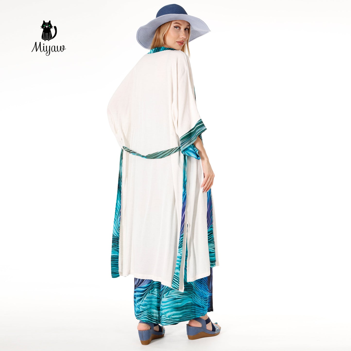 Resort Linen Cover Up, Linen Kimono Robe with blue belt Miyawfashion