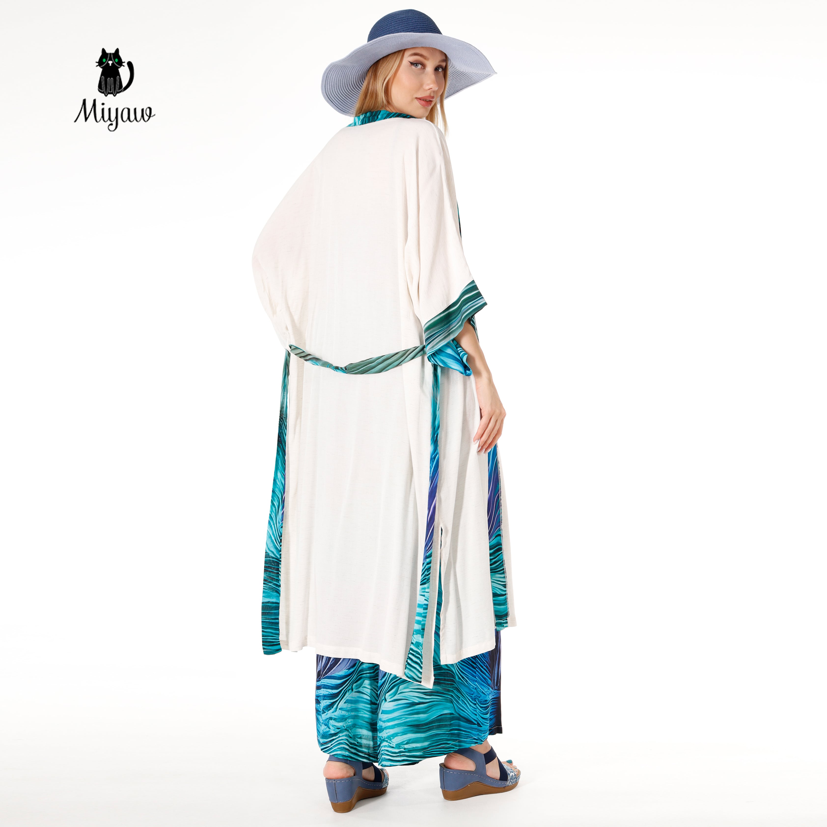 Resort Linen Cover Up, Linen Kimono Robe with blue belt
