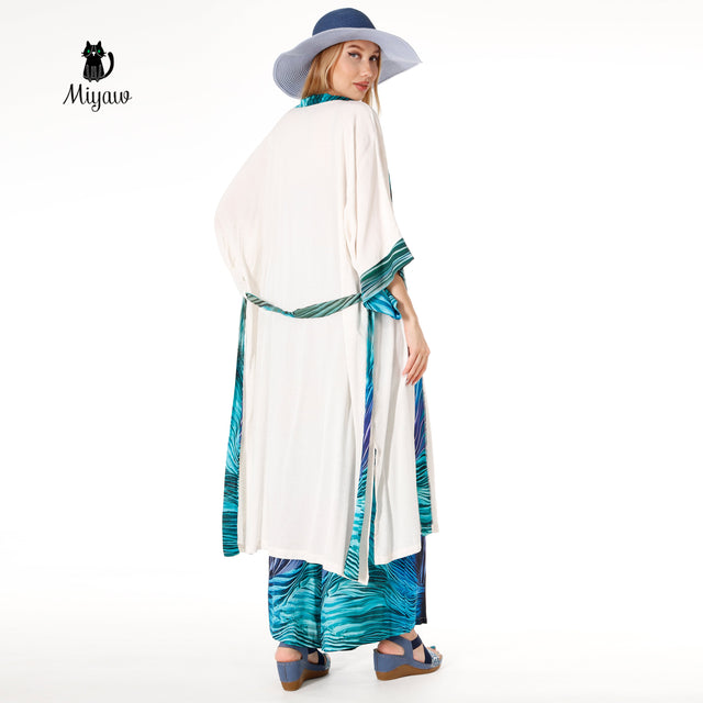 Resort Linen Cover Up, Linen Kimono Robe with blue belt